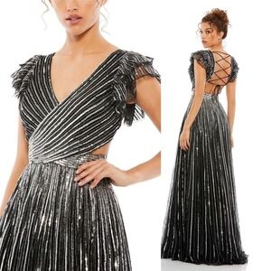 NEW $698 MAC DUGGAL 5568  BLACK SILVER SEQUINED CUTOUT V-NECK LACE UP GOWN Sz 12